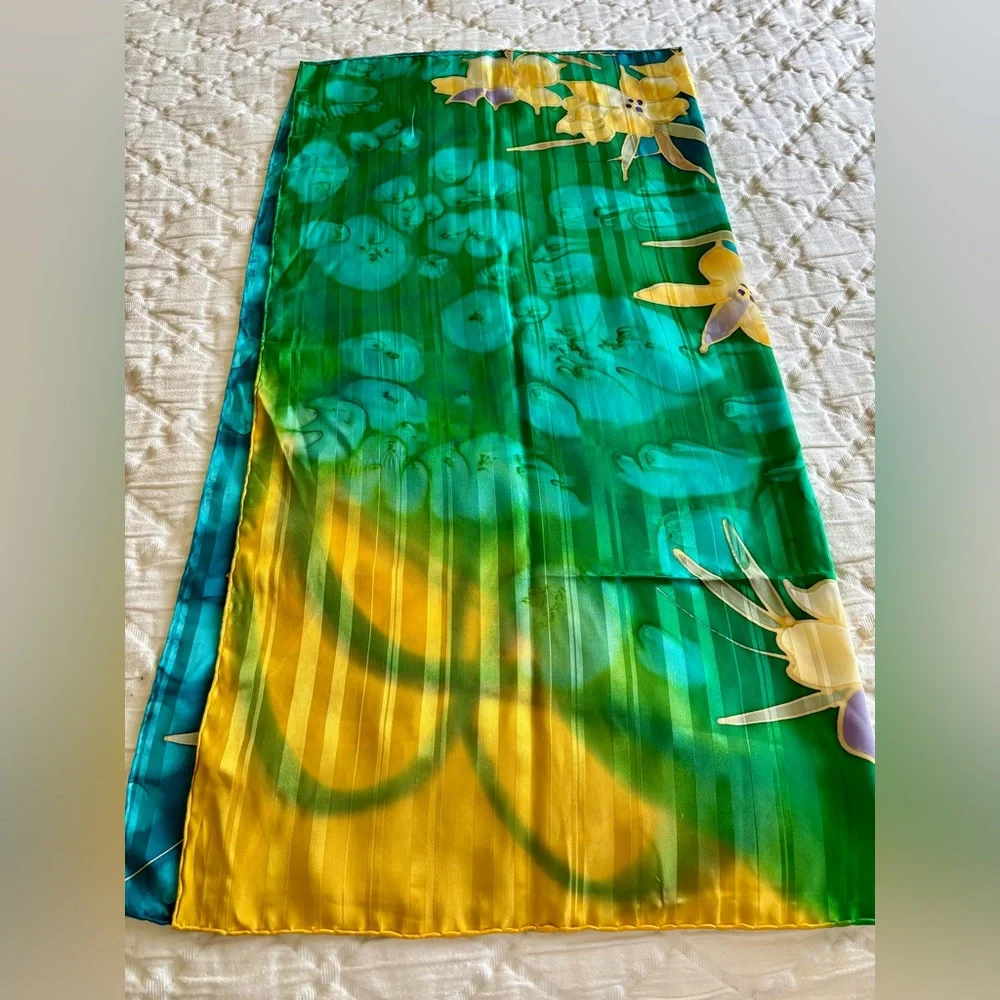 Hand-painted, Hand Rolled 100% Silk Scarf‎ Tropical, Floral, Luxury 34”x34”
